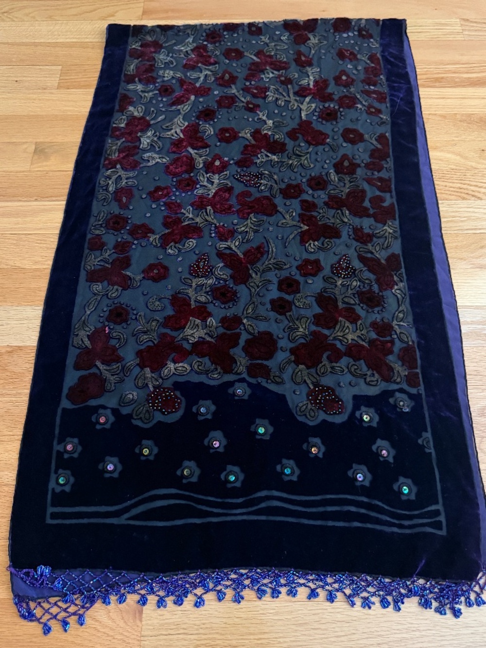 Long Purple Velvet Scarf Wrap Runner Beads Sequins 69.5"LX20"W